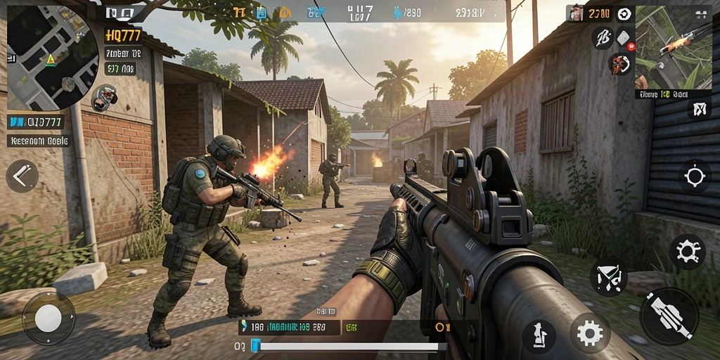 Screenshot gameplay HQ777 menunjukkan pertarungan FPS yang menegangkan.