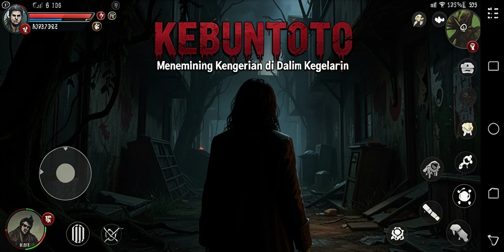 Tampilan screenshot <strong>KEBUNTOTO</strong> menunjukkan karakter yang menyusuri jalan gelap penuh bayangan.