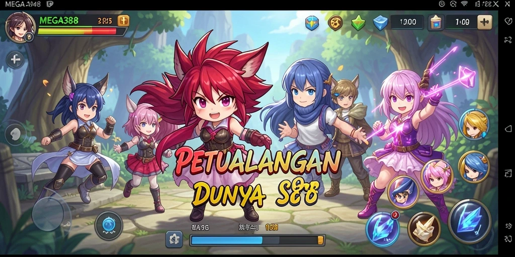 Tampilan utama gameplay MEGA388 dengan karakter anime yang menarik.