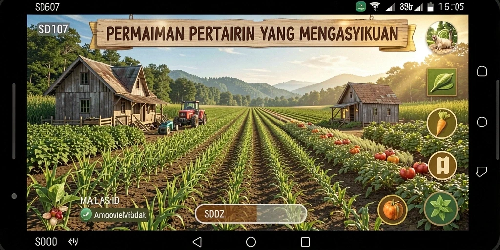 Screenshot gameplay SD107 yang menampilkan suasana pertanian yang indah.